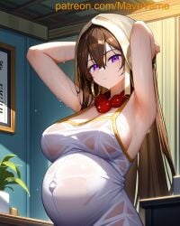 ai_generated armpits brown_hair earrings fate/grand_order fate_(series) hands_behind_head pregnant purple_eyes xuangzang_sanzang_(fate) xuanzang_(fate)