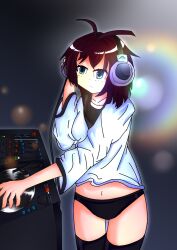 black_panties black_thighhighs blue_eyes brown_hair dj girl headphones legs legwear panties thighhighs white_clothing