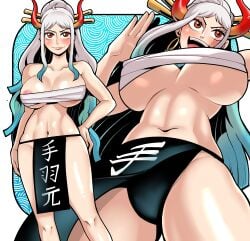 1girls bare_arms bare_legs bare_shoulders bare_thighs big_breasts blush clothed clothing color deaf_(artist) female female_focus female_only hi_res horns large_breasts light-skinned_female light_skin long_hair one_piece orange_eyes shounen_jump solo solo_female tagme thick_thighs underboob white_hair yamato_(one_piece)