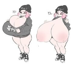 2019 alternate_breast_size areolae beanie before_and_after breast_expansion breast_suppress breasts breasts_bigger_than_head breasts_out bursting_breasts chestnut_mouth chubby dullvivid english_text female full_body ghost_nipples gigantic_breasts hoodie huge_breasts hyper hyper_breasts inkling inkling_girl jacket knees nintendo nipples oc original_character pink_hair pink_nipples pointy_ears puffy_nipples shortstack small_but_busty smirk sneakers solo splatoon tentacle_hair thick_thighs top_heavy undressing unzipped unzipping zipper