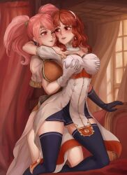 1futa 1girls breast_grab breasts celica_(fire_emblem) clothed clothing double_breast_grab female fire_emblem fire_emblem_echoes:_shadows_of_valentia fully_clothed futa_on_female futanari groping human large_breasts light-skinned_female light-skinned_futanari light_skin mae_(fire_emblem) merore nintendo pink_hair red_hair skindentation thighhighs