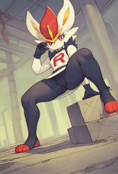 1girls ai_generated alternate_costume cameltoe cinderace female female_only game_freak legs_apart nintendo pokemon pokemon_(species) scalieton self_upload team_rocket team_rocket_uniform tight_clothing