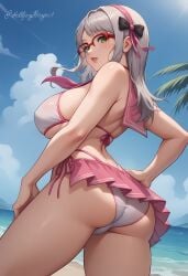 1female 1girls ai_generated ass ass_focus beach bikini female female_only glasses goddess_of_victory:_nikke green_eyes huge_breasts killjoyproject looking_at_viewer looking_down looking_down_at_viewer neon_(blue_ocean)_(nikke) neon_(nikke) solo solo_female underskirt