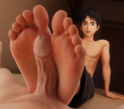 3d attack_on_titan eren_jaeger feet feet_on_penis foot_fetish foot_focus footjob gay looking_at_penis male_foot_fetish male_only mrgtsfloop nude_male precum_drip shingeki_no_kyojin shirtless_male smiling_at_penis soles