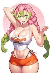 ai_generated cleavage demon_slayer female female_focus female_only green_eyes green_hair hand_behind_head highres hooters hooters_uniform kanroji_mitsuri kimetsu_no_yaiba large_breasts long_hair midriff nai_diffusion narrow_waist orange_shorts pink_hair rubycks shiny_skin short_shorts shorts smile smiling smiling_at_viewer solo solo_female solo_focus tank_top thong_above_shorts thong_straps twin_braids two_tone_hair white_background white_tank_top