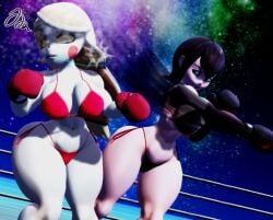 2girls 3d 3d_(artwork) beach beach_boxing big_breasts big_thighs bikini black_bikini black_boxing_gloves black_gloves black_hair black_lipstick blonde_hair blue_eyes blush_stickers boxing boxing_gloves boxing_match breasts catfight charlie_morningstar_(hazbin_hotel) crossover demon_girl duo female female_focus female_only fight fighting fighting_ring gloves hazbin_hotel hotel_transylvania huge_breasts josugomezofficialnew knocked_out large_breasts light-skinned_female light_skin lipstick long_hair mavis_dracula outdoors pale-skinned_female pale_skin red_bikini red_boxing_gloves red_gloves red_hair ryona saliva short_hair thick thick_hips thick_thighs thighs vampire_girl white-skinned_female white_skin wide_hips