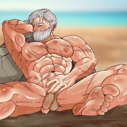 abs arkhandvan beach beard big_balls big_pecs daddy dick drayden gym_leader hairy_armpits hairy_balls hairy_male male_barefoot male_feet male_nipples old_man pokemon pokemon_bw pokemon_trainer relaxing scar scarred_body solo_male white_hair