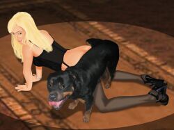 bestiality blonde_hair bustier cringer990 doggy_style feverdreams from_behind fucked_by_dog garterbelt high_heels interspecies_sex mounted_for_sex pleasure_face submissive_female zoophilia