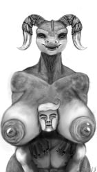 1boy 1girls absurd_res anthro areola breasts deathclaw dominant dominant_female duo fallout female female_deathclaw greyscale hi_res horn human larger_female lips looking_at_viewer male male/female mammal microsoft monochrome muscular muscular_male nipples non-mammal_breasts scalie size_difference smaller_male tagme