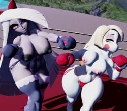 2girls 3d 3d_(artwork) big_breasts big_thighs black_boxing_gloves black_gloves boxing boxing_gloves boxing_match boxing_ring breasts catfight charlie_morningstar_(hazbin_hotel) demon_girl double_ko duo falling female female_focus female_only fight fighting fighting_ring gloves hazbin_hotel huge_breasts josugomezofficialnew knocked_out large_breasts nipples red_boxing_gloves red_gloves ryona thick thick_thighs thighs topless topless_boxing topless_female vaggie_(hazbin_hotel) vs wide_hips yuri