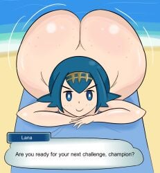 >:) 1girls ass beach beach_towel blue_eyes blue_hair completely_nude completely_nude_female female female_only full_body huge_ass human human_only lana_(pokemon) looking_at_viewer matching_hair/eyes naked naked_female nude nude_female pokemon smile solo solo_female telosynth