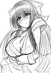 1girls ainu_clothes akenami_yasutaka arm_under_breasts big_breasts blush breast_hold breasts busty cleavage female female_only fingerless_gloves gloves hair_ribbon highres king_of_fighters large_breasts long_hair looking_at_viewer monochrome nakoruru parted_lips ribbon samurai_shodown snk solo sweat traditional_media voluptuous