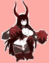 1girls big_breasts black_gold_saw black_rock_shooter breasts breasts_out busty dark_red_hair docecaedrus glowing_eyes horns jacket jacket_open long_hair nipples pale-skinned_female pale_skin red_eyes red_horns shorts skeletal_hand smiling solo solo_female unzipped_shorts