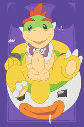 2019 3_toes ? aliasing anal_beads anthro anus argon_vile balls black_eyes bodily_fluids bowser_jr. cellphone claws drooling english_text erection front_view hi_res hud koopa koopa_clown_car looking_at_viewer male male_only mario_(series) nintendo nude penis phone purple_background saliva scalie sex_toy simple_background smartphone smile solo text toes uncut video_games young