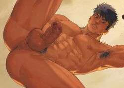 abs armpit_hair balls below_view blush dark_blue_hair dreampipe fire_emblem fire_emblem:_path_of_radiance fire_emblem:_radiant_dawn headband ike_(fire_emblem) male male_nipples male_only muscular_male pubic_hair solo sweat sweating testicles