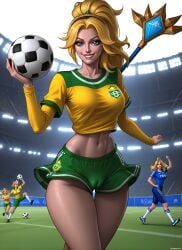 1girls ai_generated belly black_hairband blonde_hair blue_eyes brazil brazilian brazilian_female brazilian_flag breasts cameltoe crop_top football football_(ball) football_field football_jersey football_player football_uniform green_shorts holding_object jersey league_of_legends leotard_under_clothes long_hair luxanna_crownguard medium_breasts mevarej navel no_panties ponytail ponytail_female shirt smiling solo sportwear staff thigh_gap thighs tied_shirt underwear very_long_hair yellow_and_green_uniform yellow_shirt
