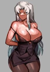 1girls angela_(lobotomy_corporation) big_breasts big_cleavage black_leggings blue_hair cleavage light-skinned_female light_skin lobotomy_corporation morchkins partially_clothed project_moon simple_background skirt solo solo_female solo_focus tagme thick_thighs undressing voluptuous voluptuous_female white_hair yellow_eyes