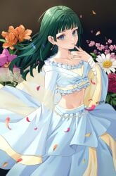 bandages bare_belly belly_button blue_dress blue_eyes blue_skirt blush closed_mouth collarbone crop_top earrings flowers green_hair hip_bones jewelry kusuriya_no_hitorigoto lipstick long_hair long_sleeves makeup maomao_(kusuriya_no_hitorigoto) mikoha358212 nail_polish red_nails skirt smile stomach