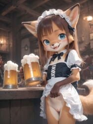 ai_generated barmaid blue_eyes brown_hair clothing cub fangs fantasy fox fox_ears fox_girl innie_pussy lifting_skirt looking_at_viewer lupusvulpes maid_dress medieval original smiling solo stable_diffusion tail tavern teeth