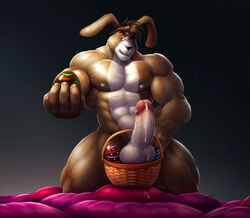 2014 5_fingers abs anthro balls basket biceps big_muscles big_penis biped black_eyebrows black_nose bodily_fluids braford brown_fur brown_hair easter easter_egg egg erection eyebrows floppy_ears front_view fur genital_fluids glans gradient_background green_eyes hair holding_object holidays humanoid_hands humanoid_penis kneeling lagomorph leporid long_ears looking_at_viewer male mammal multicolored_fur muscular muscular_male nipples nude obliques pecs penis pink_glans pink_nipples precum rabbit raised_eyebrow serratus short_hair simple_background solo two_tone_fur vein veiny_muscles veiny_penis white_balls white_fur white_penis