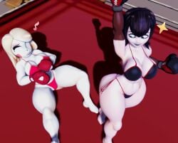 2girls 3d 3d_(artwork) big_breasts big_thighs bikini black_bikini black_boxing_gloves black_gloves black_hair black_lipstick blonde_hair blue_eyes blush_stickers boxing boxing_gloves boxing_match breasts charlie_morningstar_(hazbin_hotel) closed_eyes crossover defeat demon_girl duo female female_focus female_only fighting_ring gloves hazbin_hotel hotel_transylvania huge_breasts josugomezofficialnew large_breasts lipstick long_hair mavis_dracula outdoors red_bikini red_boxing_gloves red_gloves short_hair thick thick_thighs thighs vampire_girl victory victory_pose vs wide_hips