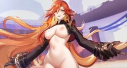 3rd_party_edit ai_generated breasts genshin_impact glowing_hair mavuika_(genshin_impact) nipples nude_filter red_hair vagina