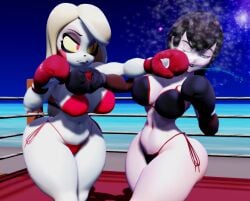 2girls 3d 3d_(artwork) beach beach_boxing big_breasts big_thighs bikini black_bikini black_boxing_gloves black_gloves black_hair black_lipstick blonde_hair blue_eyes blush_stickers boxing boxing_gloves boxing_match boxing_ring breasts catfight charlie_morningstar_(hazbin_hotel) cheek_punch crossover demon_girl duo female female_focus female_only fight fighting fighting_ring gloves hazbin_hotel hotel_transylvania huge_breasts josugomezofficialnew large_breasts light-skinned_female light_skin lipstick long_hair mavis_dracula outdoors pale-skinned_female pale_skin punch punching punching_face red_bikini red_boxing_gloves red_eyes red_gloves ryona saliva short_hair thick thick_hips thick_thighs thighs vampire_girl white-skinned_female white_skin wide_hips