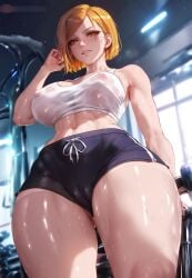 abs after_workout big_ass big_breasts big_butt booty_shorts fat_ass fit_female flirting_look from_below ginger_hair gym gym_clothes gym_shorts jujutsu_kaisen klausherbert kugisaki_nobara looking_down_at_viewer muscular_female naughty_face pov_crotch shiny_skin slim_waist smirking smooth_skin sweat sweatdrop sweating sweaty sweaty_body sweaty_clothes thick_thighs wide_hips workout