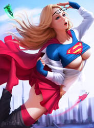 1girls blonde_hair breasts changing cleavage dc dc_comics female flying looking_at_viewer solo_focus supergirl superman_(series) underboob yupachu