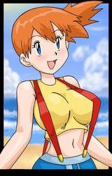 1girls alternate_breast_size belly big_breasts black_border blue_eyes blush breasts clothed human human_only kasumi_(pokemon) midriff navel open_mouth orange_hair outdoors pokemon pokemon_rgby shirt short_hair shorts sinister_serpent smile solo suspenders thin_waist tongue