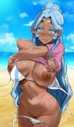 :p beach bikini blue_eyes blue_sky breasts circlet clothes_lift dark-skinned_female dark_skin day female highres large_breasts navel nipples nude ocean outdoors pointy_ears princess princess_allura shirt_lift shore sky solo solo_focus stomach swimsuit t3x tearing_clothes tongue tongue_out torn_clothes voltron:_legendary_defender voltron_(series) water