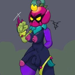 1futa artist_request balls big_breasts big_penis black_body brawl_stars breasts erection futa_only futanari huge_cock humanoid humanoid_penis lily_(brawl_stars) normal_breasts nude penis plant purple_hair solo source_request weapon yellow_eyes