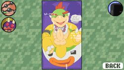 16:9 2019 3_toes after_sex aliasing anal_beads anthro anus argon_vile balls black_eyes bodily_fluids bowser_jr. cellphone claws cum_collecting cum_in_container disembodied_hand drooling english_text erection front_view holding_object hud jar koopa koopa_clown_car looking_at_viewer male male_only mario_(series) monster_mind nintendo nude one_eye_closed open_mouth penis phone saliva scalie sex_toy smartphone smile solo text toes uncut video_games young