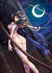 1girls adsouto arched_back ass big_ass black_hair bloodstained:_ritual_of_the_night blue_eyes blush breasts brown_hair crescent_moon female female_only from_behind glowing_eyes hair_ornament highres horns human looking_back looking_behind medium_hair miriam_(bloodstained) moon naked night nipples nude nude_female scarf smile solo solo_female tattoo tattoos whip