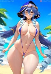 1girls ai_generated areola_slip areolae artist_name ass_visible_through_thighs bangs beach blue_hair blue_sky blue_swimsuit blush closed_mouth covered_nipples day eyebrows_visible_through_hair genshin_impact hair_between_eyes large_breasts layla_(genshin_impact) long_hair looking_at_viewer micro_bikini navel outdoors patreon_logo pointy_ears ringlets shiny sky slingshot_swimsuit smile solo thighs tree very_long_hair water watermark yellow_eyes