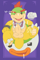 2019 3_toes after_sex aliasing anal_beads anthro anus argon_vile balls black_eyes bodily_fluids bowser_jr. cellphone claws cum_collecting cum_in_container disembodied_hand drooling english_text erection front_view hi_res holding_object hud jar koopa koopa_clown_car looking_at_viewer male male_only mario_(series) nintendo nude one_eye_closed open_mouth penis phone purple_background saliva scalie sex_toy simple_background smartphone smile solo text toes uncut video_games young