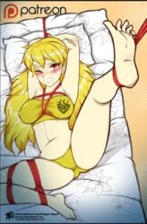 arms_above_head bondage dragon-burst forced_presentation futon pokies restrained rope_bondage rwby spread_legs yang_xiao_long yellow_hair