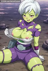 ai_generated aindroidparanoid ass big_ass big_breasts breasts breasts_out cameltoe cheelai curvy dragon dragon_ball dragon_ball_super exhibitionism fat_ass female female_only flashing_breasts flirting green_skin hips huge_breasts large_breasts narrow_waist nipples outdoors petite pink_eyes ripped_clothing short_hair space stable_diffusion tits_out torn_clothes voluptuous white_hair