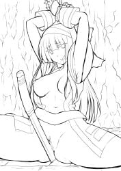 1girls ainu_clothes akenami_yasutaka armpits arms_above_head arms_up big_breasts bondage bottomless bound breasts busty female female_only fingerless_gloves gloves hair_ribbon highres king_of_fighters large_breasts long_hair looking_at_viewer monochrome nakoruru navel nipples open_clothes parted_lips pussy ribbon samurai_shodown sitting sketch snk solo spread_legs thighs tied_up weapon