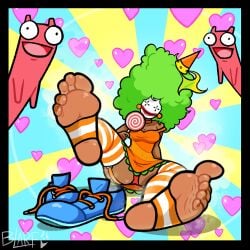 1girls blarf022 castle_crashers cleavage clown clown_girl clown_shoes dark-skinned_female dark_skin feet foot_fetish foot_focus lollipop musk musky_feet newgrounds orange_princess_(castle_crashers) painted_toenails panties panty_shot shoes_removed smell smelly_feet stirrup_legwear stirrup_stockings striped_legwear striped_stockings unworn_shoes