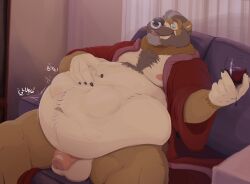 absurd_res alcohol anthro anthro_only ayvore bear beverage body_outline hand_on_belly hi_res male male/male male_only mammal nude oral_vore rumbling_stomach size_difference solo stomach_bulge vore weight_gain wine