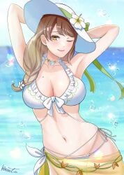 1girls absurdres armpits arms_behind_head bikini blue_sky blush braid breasts brown_hair cleavage closed_mouth day female female female_only fire_emblem fire_emblem_engage fire_emblem_heroes flower goldmary_(fire_emblem) goldmary_(summer)_(fire_emblem) hat highres kousetu0506 large_breasts long_hair looking_at_viewer mole mole_on_breast navel nintendo ocean official_alternate_costume one_eye_closed outdoors sarong see-through signature sky smile solo stomach sun_hat swimsuit water white_bikini white_flower white_hat white_swimsuit yellow_eyes