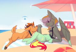 absurd_res beach beach_umbrella chapaevv collar deer duo equid equine feral gay harness hasbro hi_res laurits_rutger_(oc) male male/male mammal my_little_pony mythological_creature mythological_equine mythology oral parasol pegasus rutger sex typhoon_(oc) wings