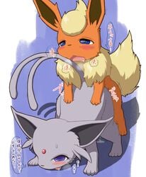 4_toes ahe_gao all_fours ambiguous_penetration ass_up black_nose blue_eyes bodily_fluids breath cum cum_drip doggy_style dripping drooling duo eeveelution espeon eyelashes female feral feral_on_feral flareon forked_tail from_behind_position fur genital_fluids half-closed_eyes head_down hi_res huff japanese_text koorinezumi male male_penetration nintendo open_mouth orange_fur penetration pokémon_(species) pokemon pokemon_gsc pokemon_rgby purple_background purple_eyes purple_fur purple_tail raised_tail red_fur saliva sex simple_background straight sweat tan_fur text thin_tail toes tongue tongue_out translation_request video_games