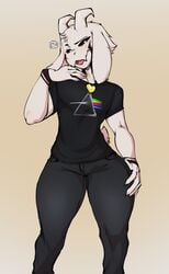 anthro asriel_dreemurr asriel_dreemurr_(god_form) avante92 black_clothing boss_monster bottomwear bovid bulge caprine clothed clothing fur hand_on_thigh hi_res jeans looking_at_viewer male male_only mammal open_mouth pants pink_floyd progressive_rock shirt short_sleeves simple_background slim small_tail solo standing thick_thighs tight_clothes tight_pants topwear undertale video_games white_fur