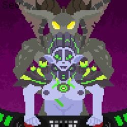 1:1 ambiguous_penetration animated batartcave bodily_fluids bottomless breasts clothed clothing cum cum_inside female from_behind_position front_view genital_fluids gif green_eyes horn humanoid looking_at_viewer low_res male monster monster_boy monster_cock monster_girl mordesh nipples penetration pixel_art purple_skin sex straight wildstar yellow_eyes