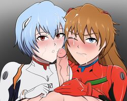 1boy 2girls angry asuka_langley_sohryu big_penis blue_eyes blue_hair blush breasts clothing cum cum_in_mouth cum_on_closed_eye cum_on_clothes cum_on_face cum_on_hair cum_on_hand cum_on_upper_body cumshot facial fellatio female ffm_threesome human latex light-skinned_female light-skinned_male light_skin lolo_mp3 long_hair neon_genesis_evangelion orange_hair pale-skinned_female pale_skin plugsuit red_eyes red_hair rei_ayanami short_hair skin_tight sticky_cum threesome tsundere