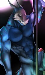 2019 anthro balls blue_body erection hi_res horn humanoid_penis lizard looking_at_viewer male male_only mask mizutatsu_tsunami muscular muscular_male navel nude penis pole purple_eyes reptile scalie simple_background skull_mask smile solo stripper_pole tipsycanvas