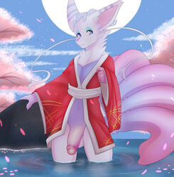 2019 absurd_res anthro balls cassius_apollo cherry_blossom clothing front_view fur hi_res humanoid_penis kami-chan looking_at_viewer male male_only moon outside partially_submerged penis plant purple_eyes robe rock smaller_version_at_source solo standing tree white_fur