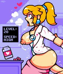 1boy 1girls ahe_gao aphrodisiac arm_grab arms_behind_back ass blonde_hair blue_eyes breasts clothed_sex clothing dr._mario_(series) dr._peach english_text faceless_male female female_focus fucked_silly heart heart-shaped_pupils labcoat lactation light_skin male mario_(series) milk_squirt neonvanta nintendo penetration pixel_art ponytail princess_peach saliva score sex skirt skirt_down standing stethoscope straight sweat sweatdrop text thighs tongue_out